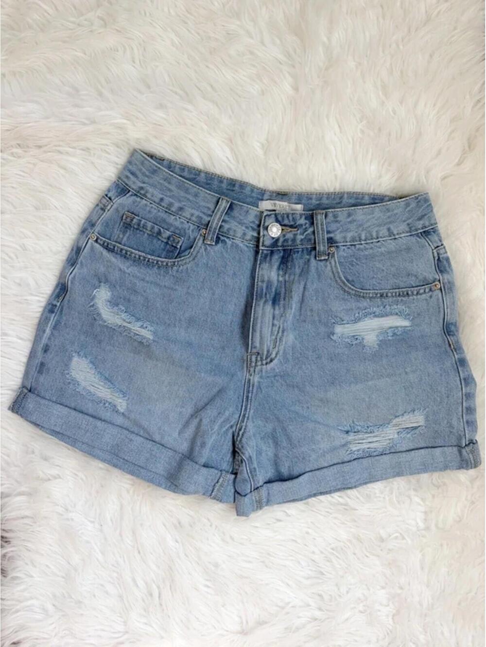 High Rise Distressed Jean Shorts Large Medium Wash Rolled Cuff 100% Cotton